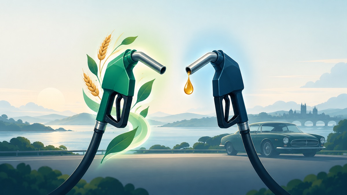 Two petrol pump nozzles side by side, one wrapped in wheat and leaves for ethanol, the other with a clear drop of fuel