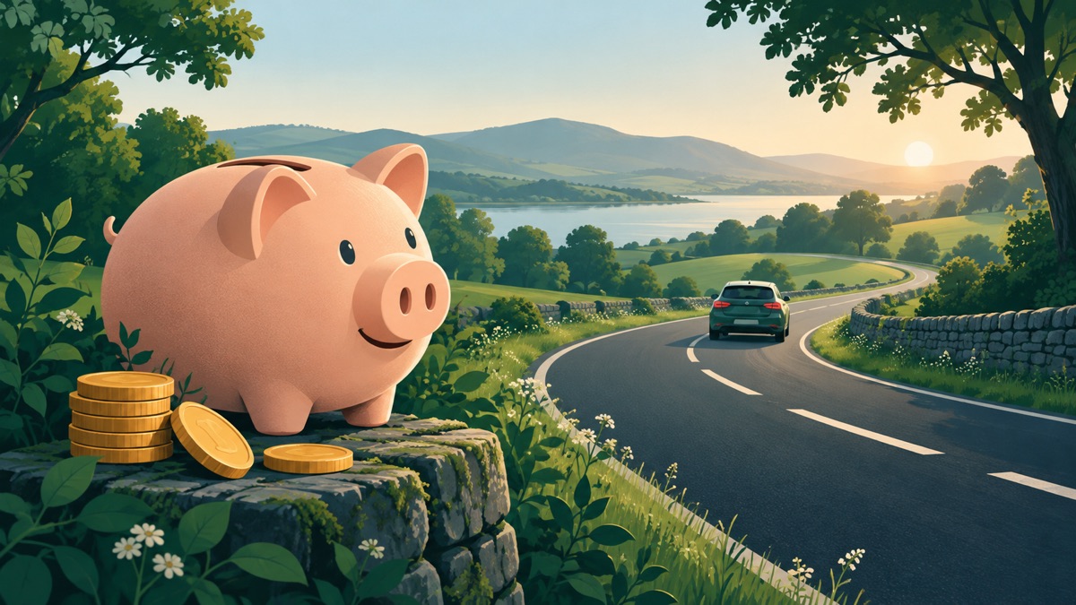 A piggy bank and a stack of coins beside a country road, with a car driving along it